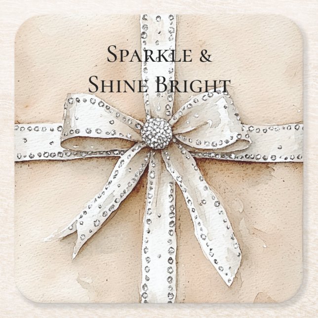 Cream White Silver Glitzy Glam Bow Birthday Square Paper Coaster (Front)