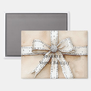 Cream White Silver Glitzy Glam Bow Christmas Magnet