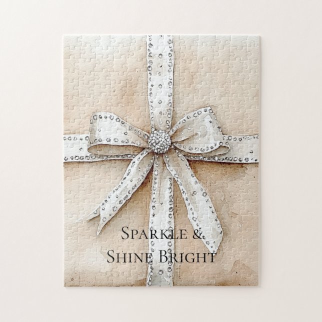 Cream White Silver Glitzy Glam Bow Jigsaw Puzzle (Vertical)