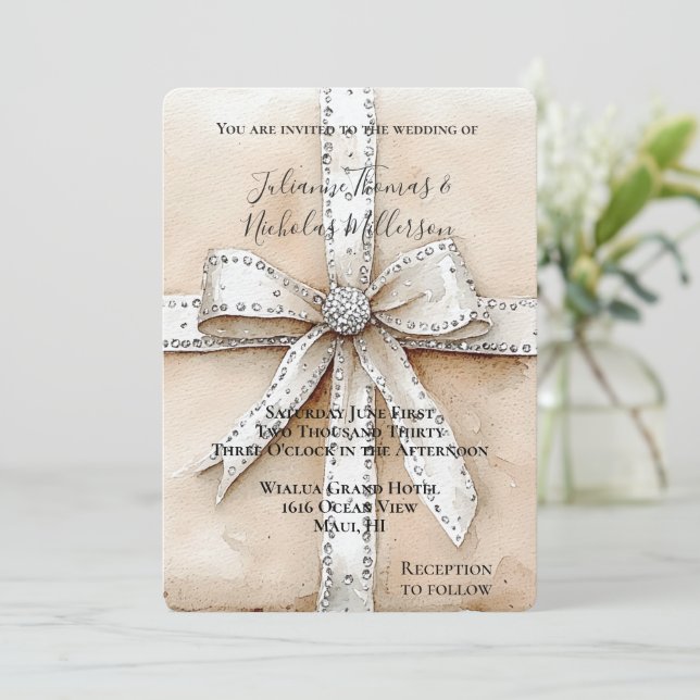 Cream White Silver Glitzy Glam Bow Wedding Invitation (Standing Front)