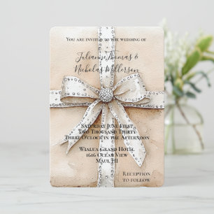 Cream White Silver Glitzy Glam Bow Wedding Invitation
