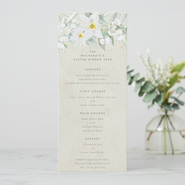 Cream White Spring Florals Flat 4 Course Easter Menu (Standing Front)