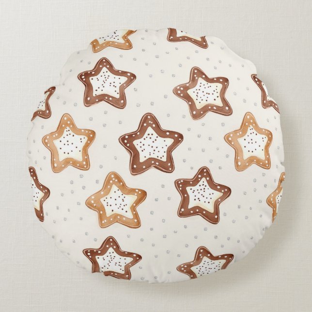 Cream White Stars Christmas Round Cushion (Front)
