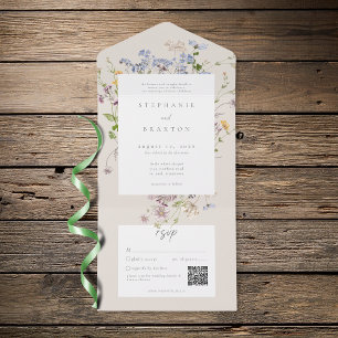 Cream Wildflower Garden Elegant Wedding QR All In One Invitation