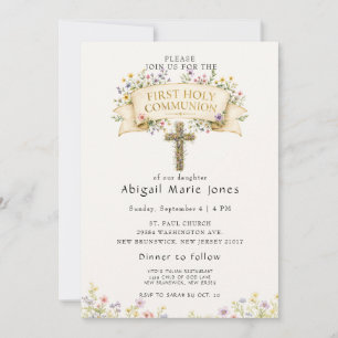 Cream Wildflowers Cross First Holy Communion Invitation