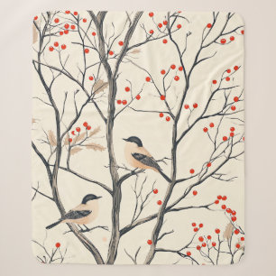 Cream Winter Songbird Red Berry Pattern Sherpa Blanket