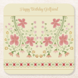 Cream With Pink Floral Square Paper Coaster