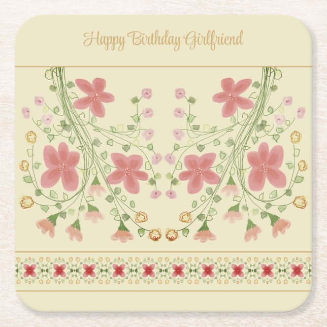Cream With Pink Floral Square Paper Coaster (Front)