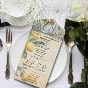 Cream Yellow Lemon Green Botanical Minimalist All In One Invitation