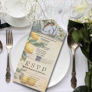 Cream Yellow Lemon Green Botanical QR Code All In One Invitation