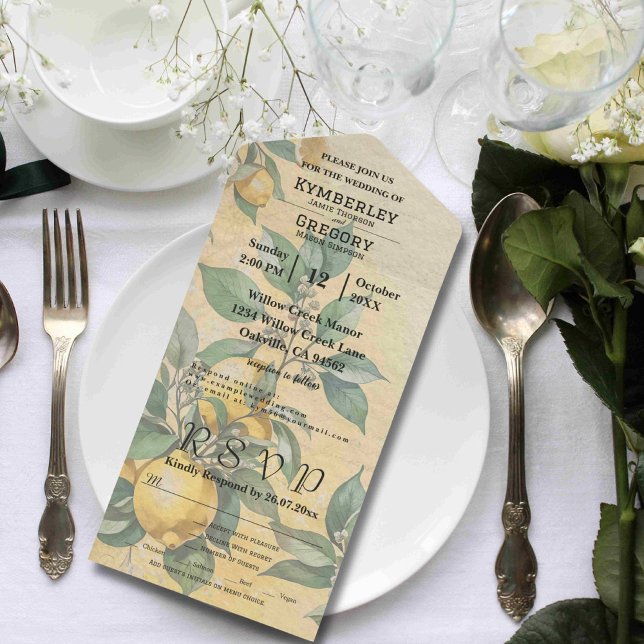 Cream Yellow Lemon Green Orchard Minimalist All In One Invitation (Creator Uploaded)
