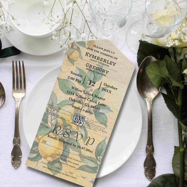 Cream Yellow Lemon Orchard Botanical QR Code All In One Invitation (Creator Uploaded)