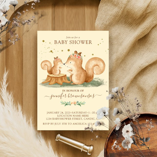 Cream Yellow Squirrel Family Mummy Baby Invitation (Creator Uploaded)