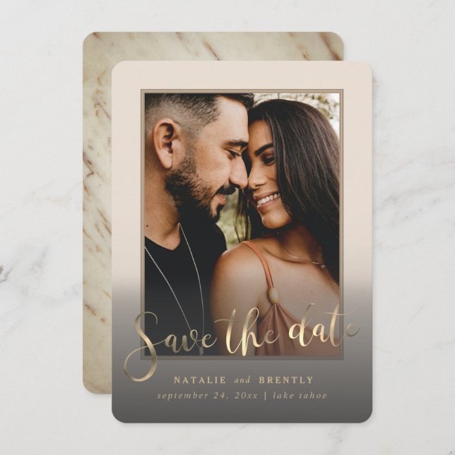 Creamy Beige Gold Script & Marble Photo Overlay Save The Date (Front/Back)