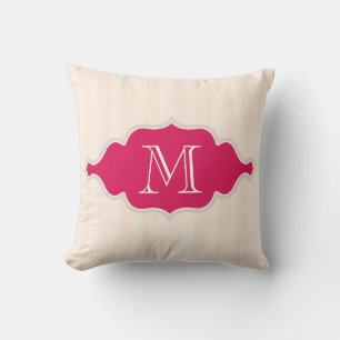 Creamy Beige Stripes  Pink  And White Monogram Cushion