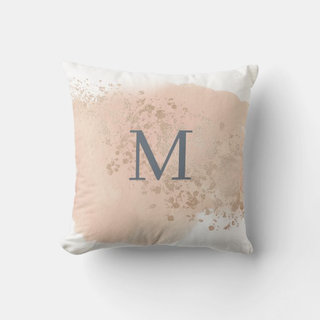 Creamy Blush Pink Blue and Gold Monogram Cushion (Front)