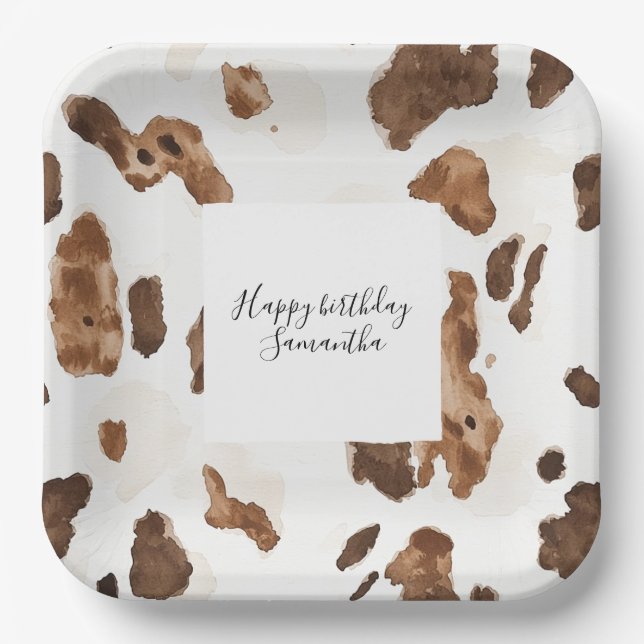 Creamy Brown Chocolate Cow Print Animal Birthday Paper Plate (Front)