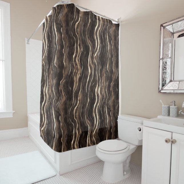Creamy Brown Chocolate Gold Wavy Stripes  Shower Curtain (In Situ)