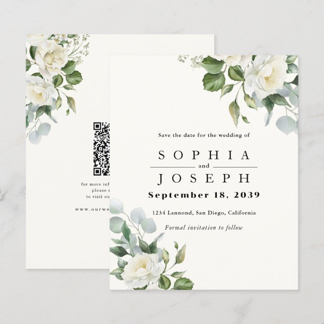 Creamy Floral Eucalyptus Wedding Save the date (Front/Back)