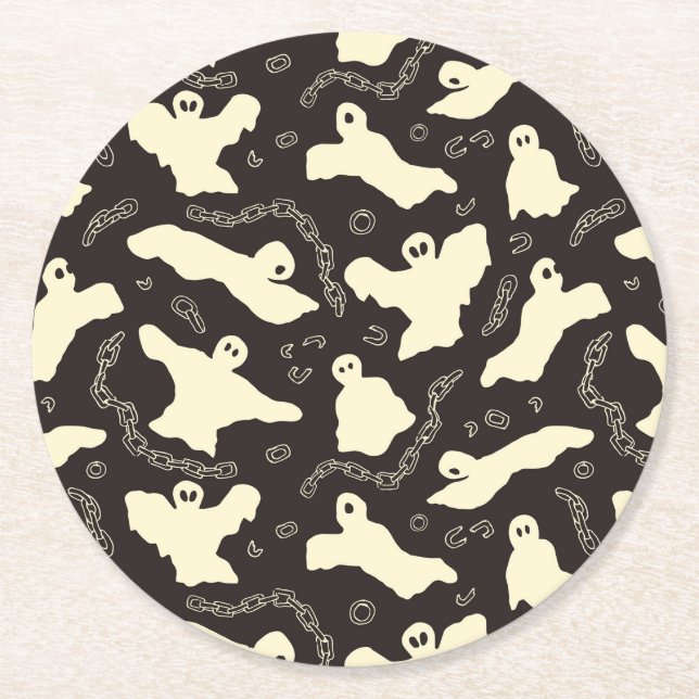 Creamy Ghosts - Halloween pattern. Round Paper Coaster (Front)