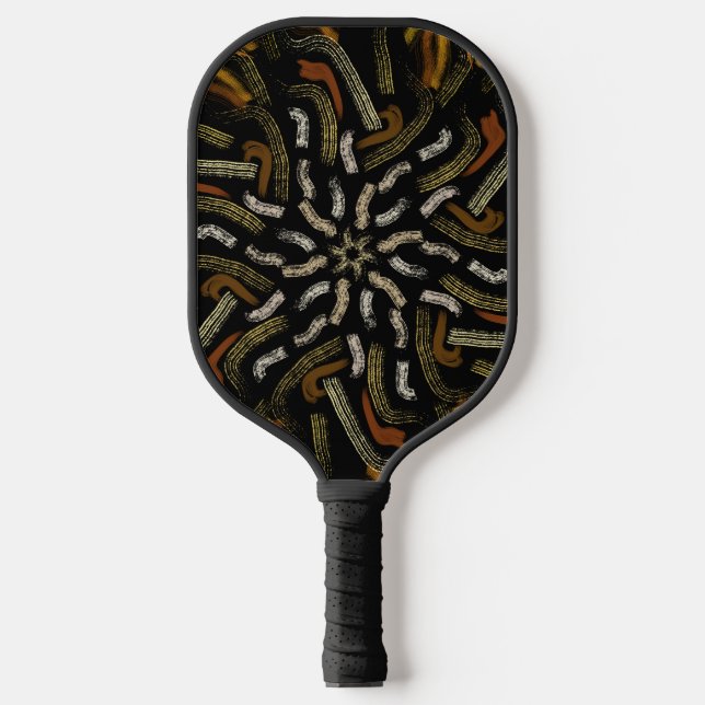Creamy Golden Yellows Raked Pattern On Black Pickleball Paddle (Front)