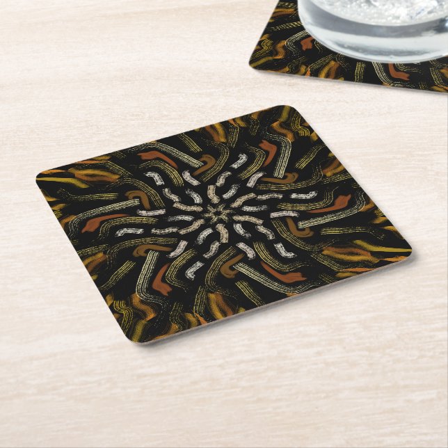 Creamy Golden Yellows Raked Pattern On Black Square Paper Coaster (Angled)