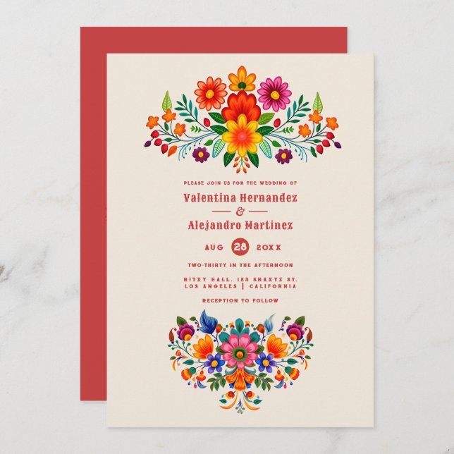 Creamy Linen & Fiesta Red Folk Art Fiesta Wedding Invitation (Front/Back)