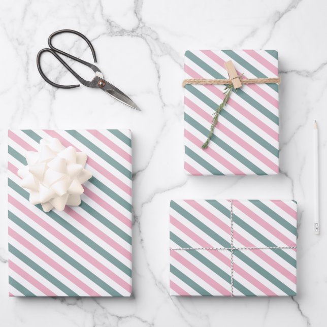 Creamy Pink and Green Diagonal Stripes Pattern Wrapping Paper Sheet (Front)