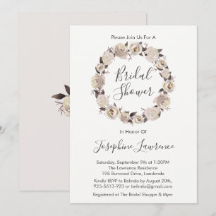 Creamy Roses Floral Wreath Bridal Shower Invites