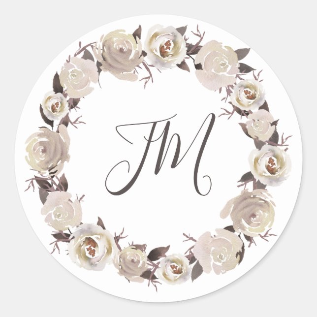Creamy Roses Floral Wreath Monogram Wedding Classic Round Sticker (Front)