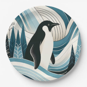 Creamy Sky Blue Penguin In The Ice Winter Forest  Paper Plate