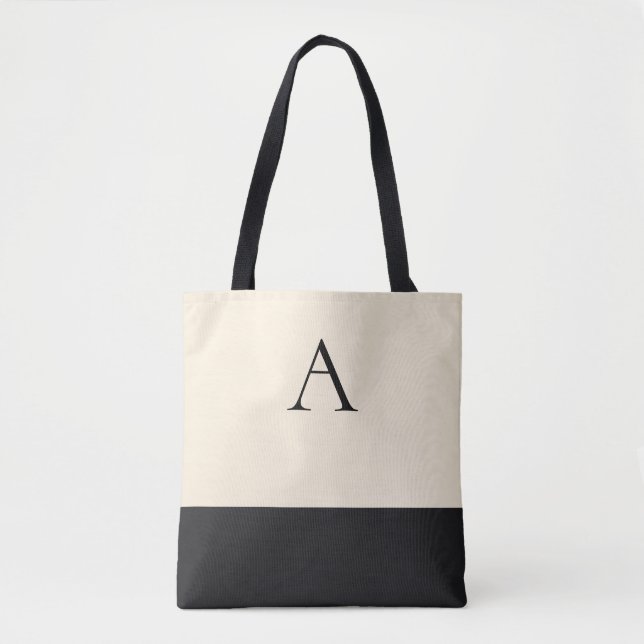 CREAMY WHITE and Black 1 Letter Monogram Tote Bag (Front)