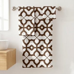 Creamy White and Brown Moroccan Boho Chic Pattern Bath Towel Set