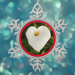Creamy White Calla Lily with Red Snowflake Pewter Christmas Ornament<br><div class="desc">This design features a creamy white calla lily encircled in red. This flower is named after the Greek word for beauty and appears in various myths. Calla lilies sometimes symbolise life and fertility, but they're also considered a symbol of death. One early calla lily meaning originates in ancient Greek culture,...</div>