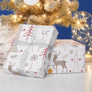 Creamy White, Christmas Tree and Deer Wrapping Paper