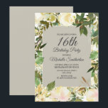 Creamy White Floral Sage Green 16th Birthday Invitation<br><div class="desc">Elegant creamy white watercolor floral with sage green leaves Sweet 16 birthday party invitation for girls.  Contact us for help with customisation or to request matching products.</div>