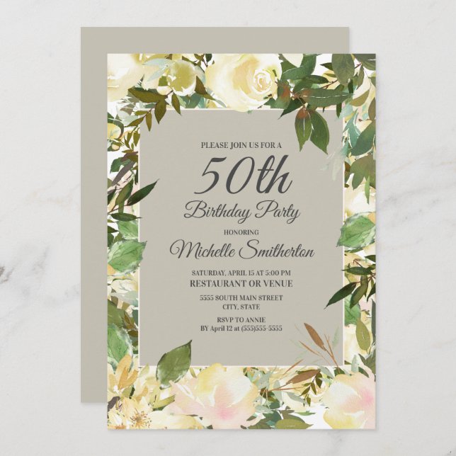 Creamy White Floral Sage Green 50th Birthday Invitation (Front/Back)