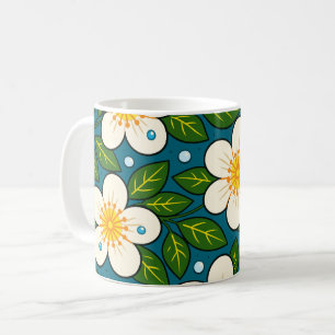 Creamy White Florals Pattern with Green Leaves Coffee Mug