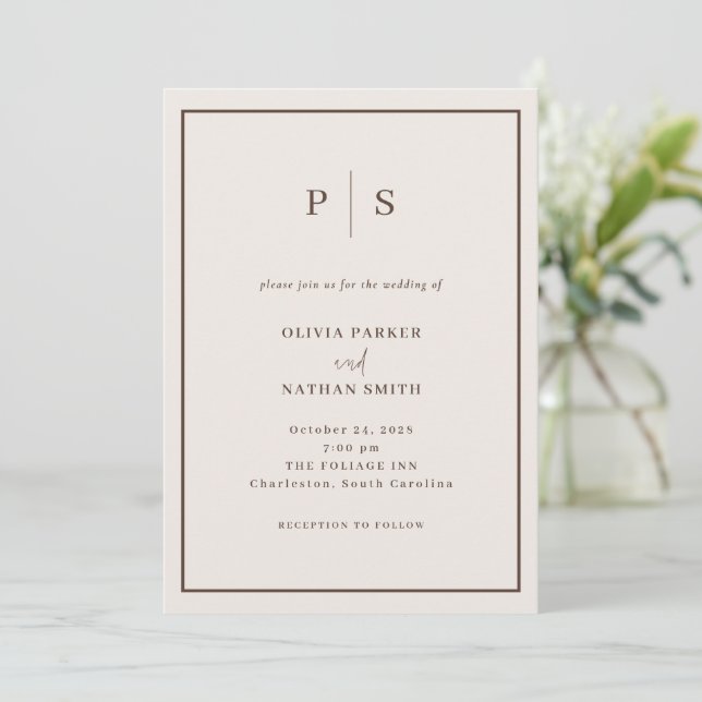 Creamy White Minimal and Chic Brown Border Wedding Invitation (Standing Front)