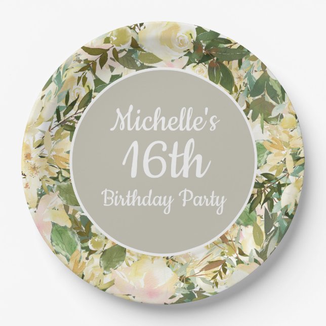 Creamy White Sage Green Floral 16th Birthday Party Paper Plate (Front)
