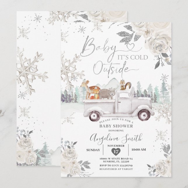 Creamy White Snowflake Floral Truck Baby Shower Invitation (Front/Back)
