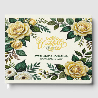 Creamy Yellow and Earthy Greens Botanical Wedding Guest Book