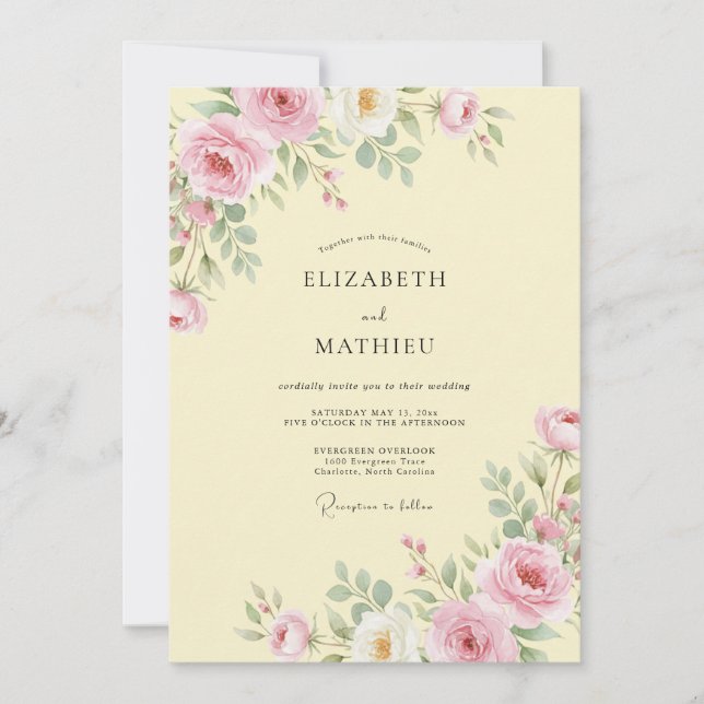 Creamy Yellow Romantic Botanical Wedding Invitation (Front)