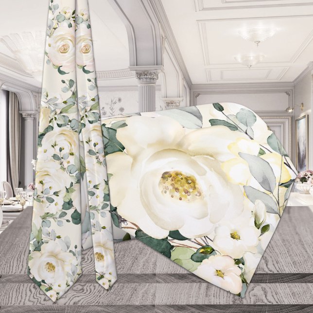 Creamy Yellow White Peony Wedding Natural Ecru Tie (Creator Uploaded)