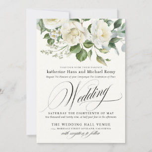 CreamyFloral Eucalyptus Script Calligraphy Wedding Invitation