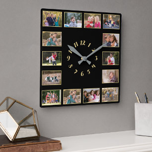 Create 14 Photo Collage Gold Black Family Keepsake Square Wall Clock