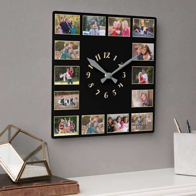 Create 14 Photo Collage Gold Black Family Keepsake Square Wall Clock (Create 14 Photo Collage Gold Black Family Keepsake Square Wall Clock)