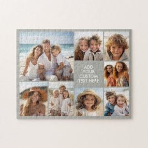Create a Custom 8 Photo Collage with Grey Text Jigsaw Puzzle