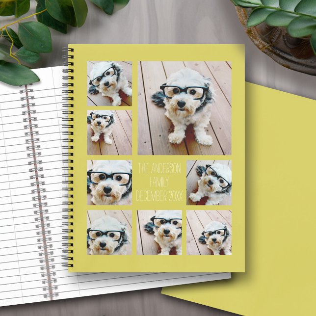 Create a Custom Photo Collage 8 Photos Chartreuse Notebook (Personalized notebook with an area for photos and text - option for different inside pages and coils)