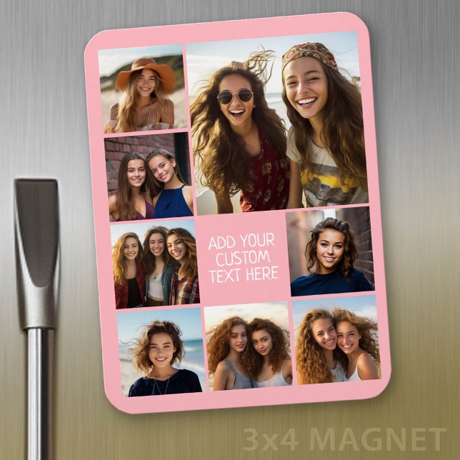 Create a Custom Photo Collage with 8 Photos Magnet (Personalized refrigerator magnet with photo collage and custom text - add 8 photos to this design)